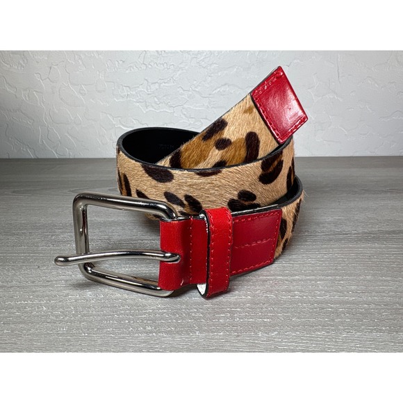 Via Spiga Leopard Print Calf Hair Belt Red Leather Italian VS7584 Small - Picture 1 of 7